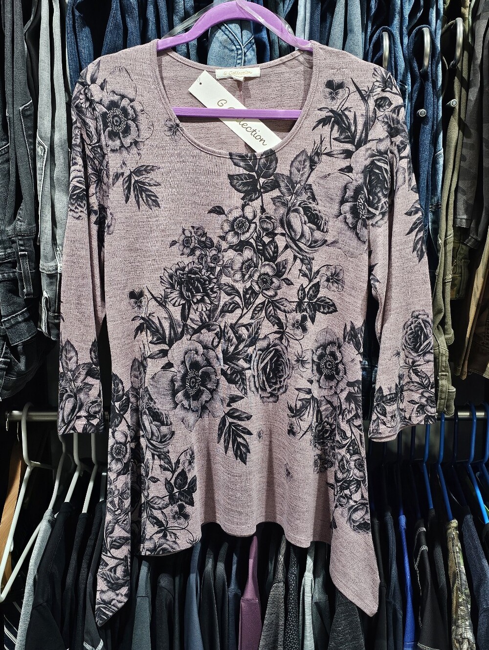 NWT G Collection Pink Mauve Floral Asymmetrical High Low Hem Top 3/4 Sleeve - Picture 4 of 11